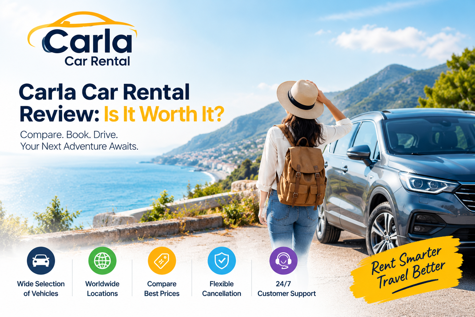 Carla Car Rental review featuring a rental SUV by the coast