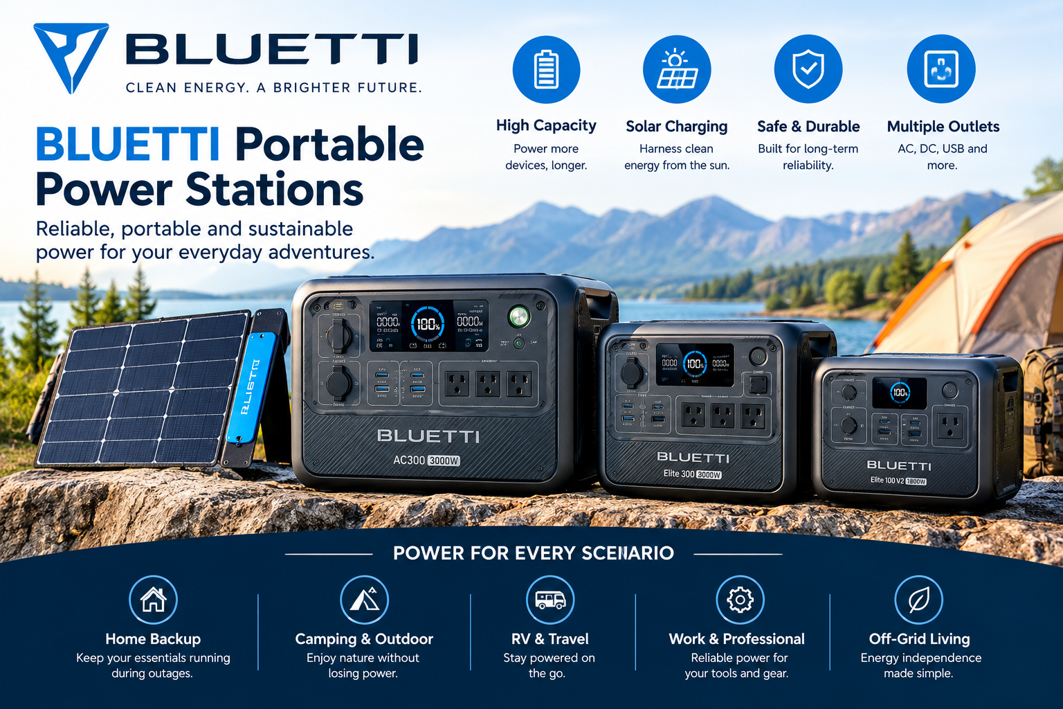 BLUETTI Portable Power Stations with solar panels for home backup, camping, travel, and off-grid energy.
